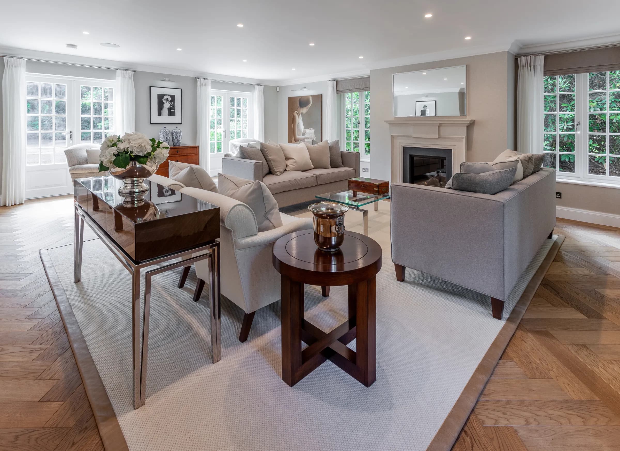 Luxury interior with warm natural light streaming through tall windows